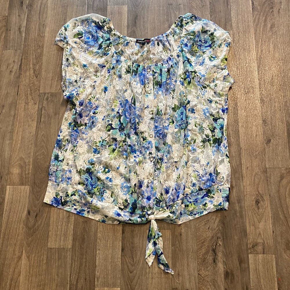Heart Soul Plus Floral Sheer Blouse Size 3X White Blue